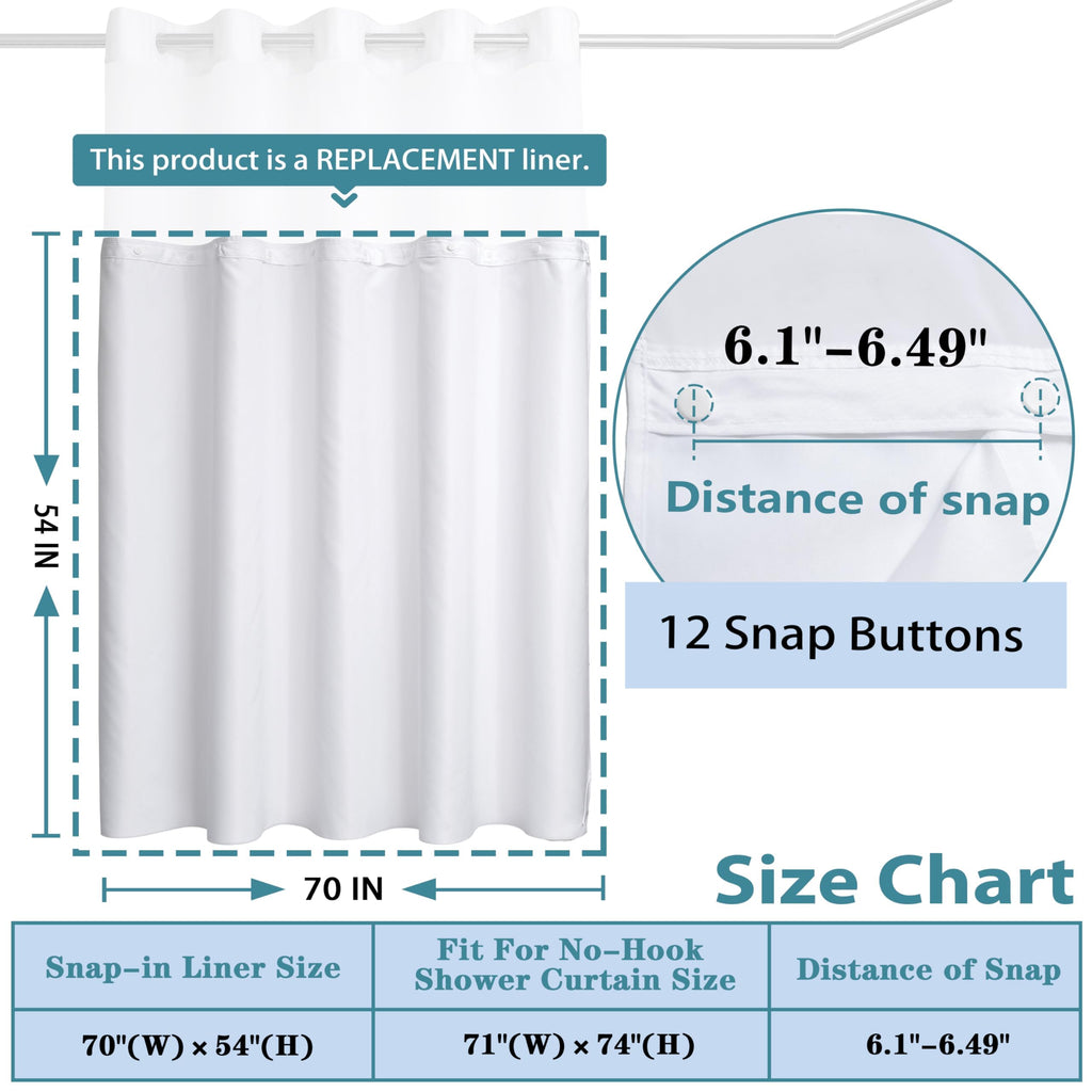 2 Pack Hotel Fabric Snap in Shower Curtain Liner Replacement Removable Water Repellent Liner Shower Curtain Liner 70W