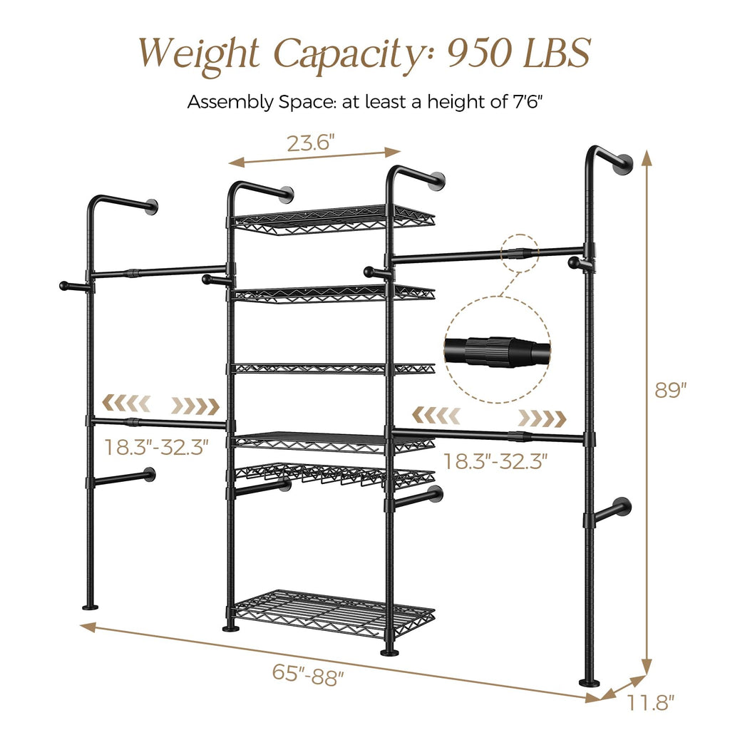 Closet Organizers Wall Mounted Closet System, 3-Row Heavy Duty Garment Clothes Rack, Industrial Pipe Clothing Rack