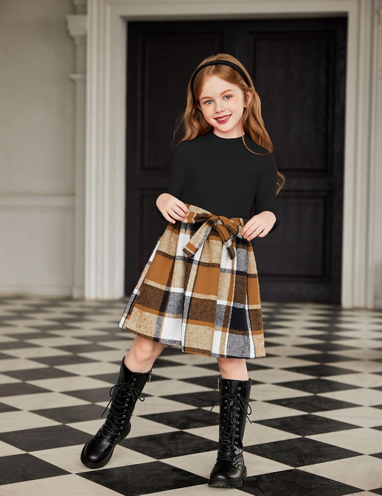 Girls Long Sleeve Rib Knit Plaid Patchwork Dress with Pockets