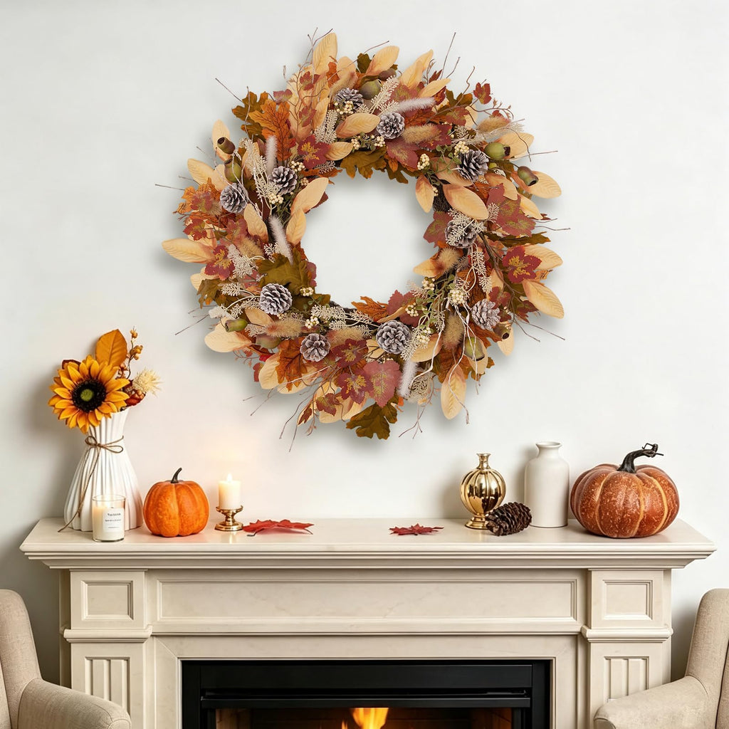 24 Inch Woodland Fall Wreath, Rustic Farmhouse Autumn Wreath with Frosted Pinecones, Bunny Tail Grass, Acorns &