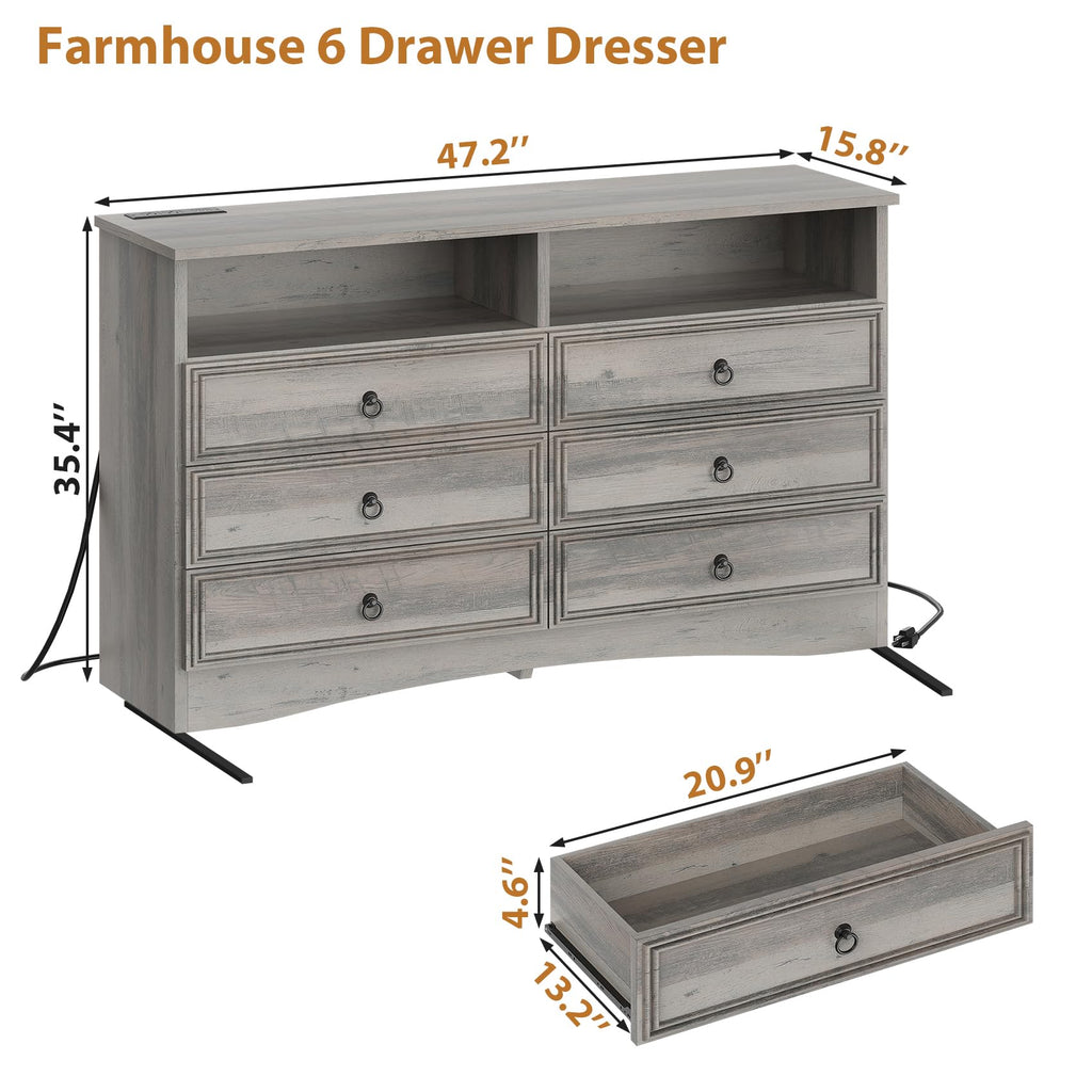Grey 6 Drawer Dresser with LED Lights and Charging Station, Wood 6 Chest Drawers, Large Storage for Clothes, Taupe