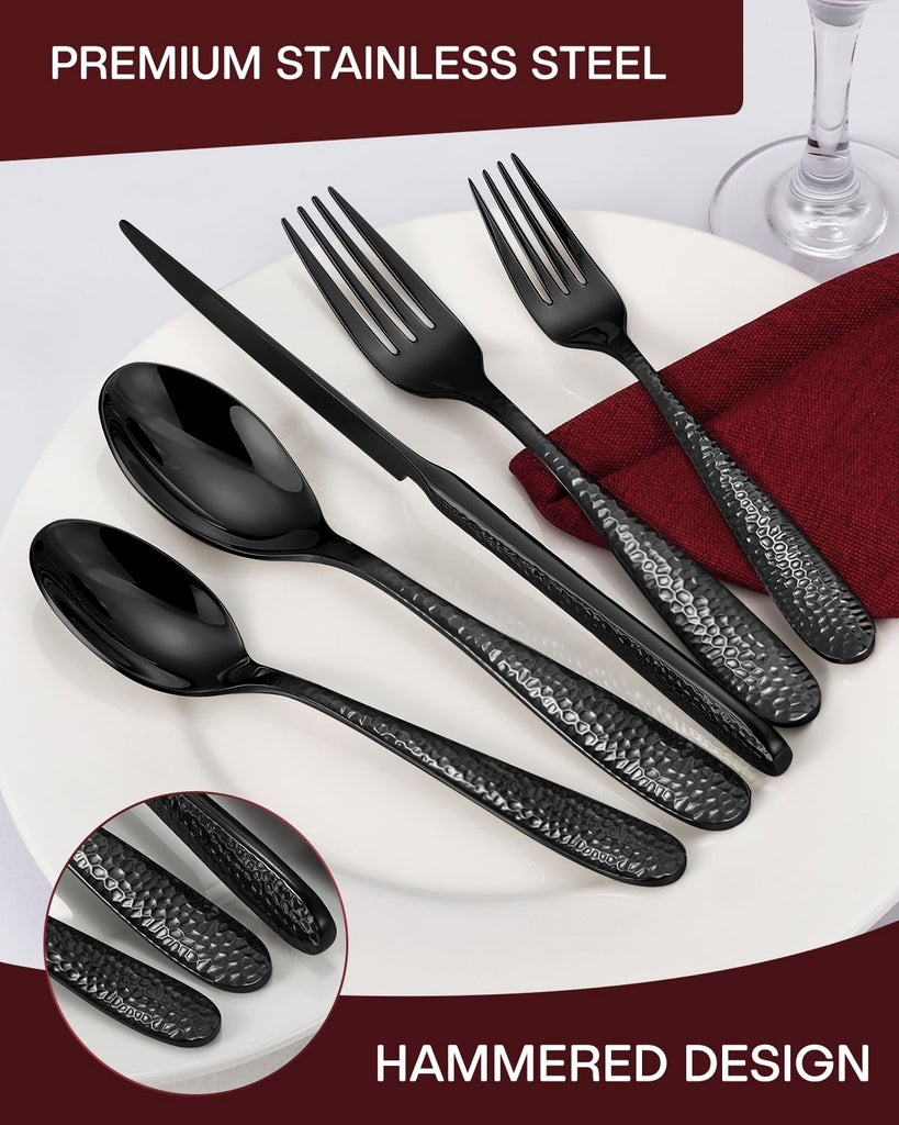 Hammered Black Silverware Set, 40-Piece Flatware Set for 8, Heavy Duty Stainless Steel Cutlery Set, Food-Grade