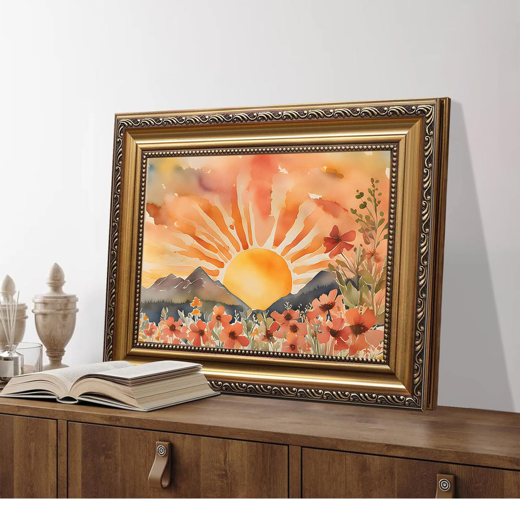Sunshine Wall Art Sun Picture Wall Decor Sunset Prints Gold Framed Boho Landscape Paintings, Modern Aesthetic Artwork