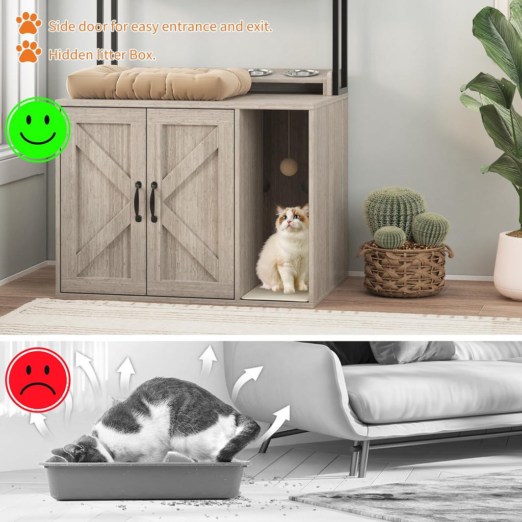 Cat Litter Box Enclosure, 55" Hidden Cabinet w/Storage & Charging, Gray