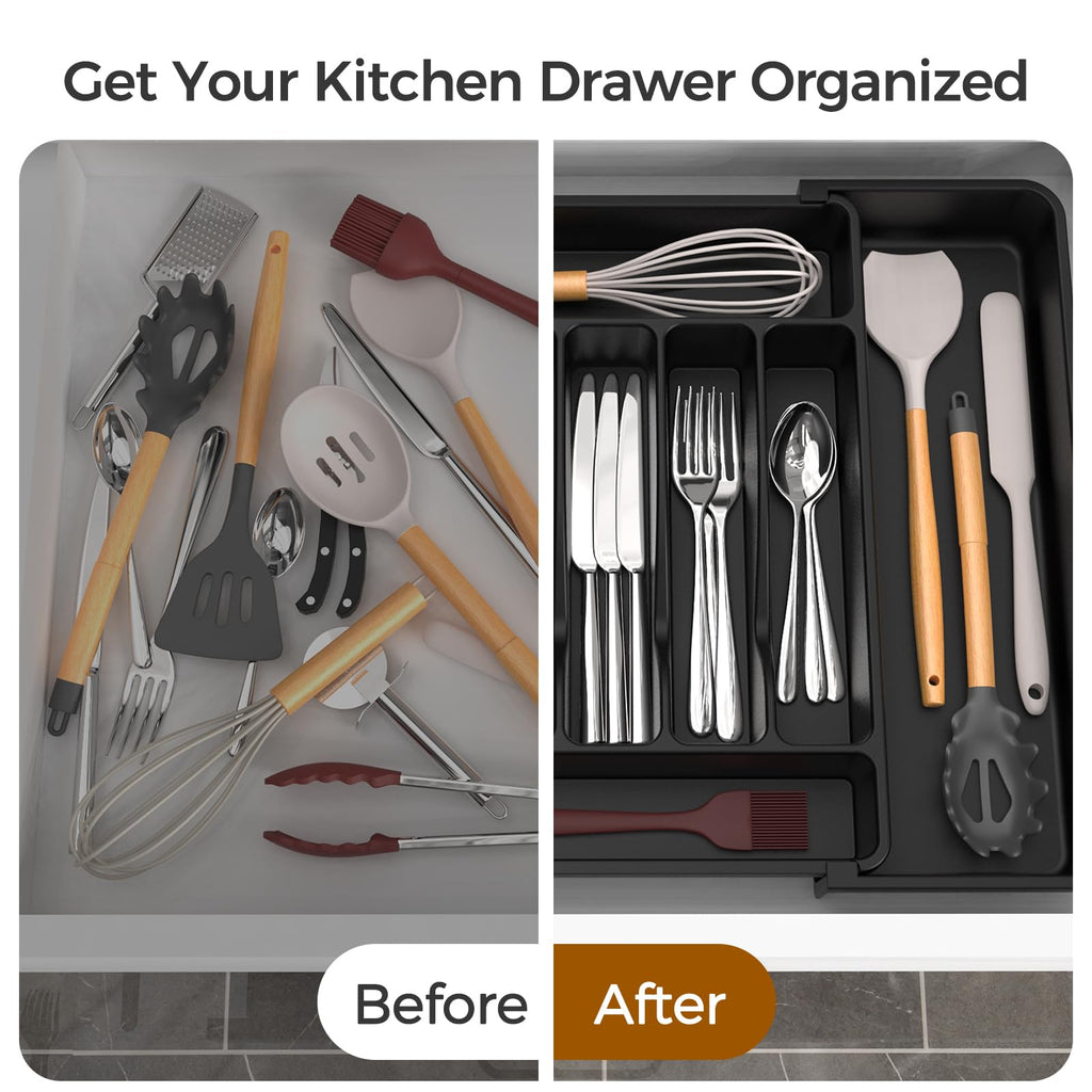 Extra Large Expandable Silverware Organizer, Flatware Tray, Black