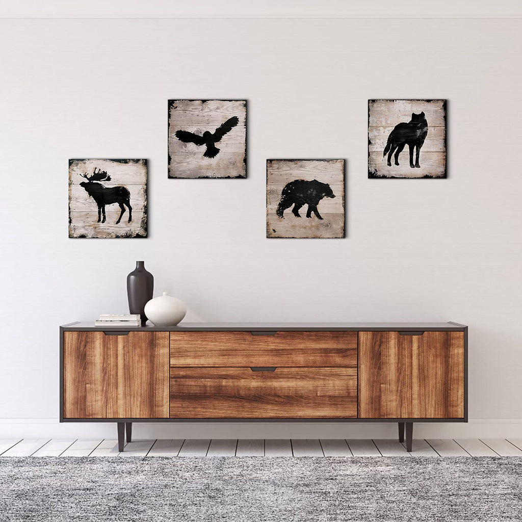Animals Wall Decor Cabin Wildlife Silhouette Wall Art Woodland Bear Pictures Farmhouse Moose Wolf Eagle Deer Canvas