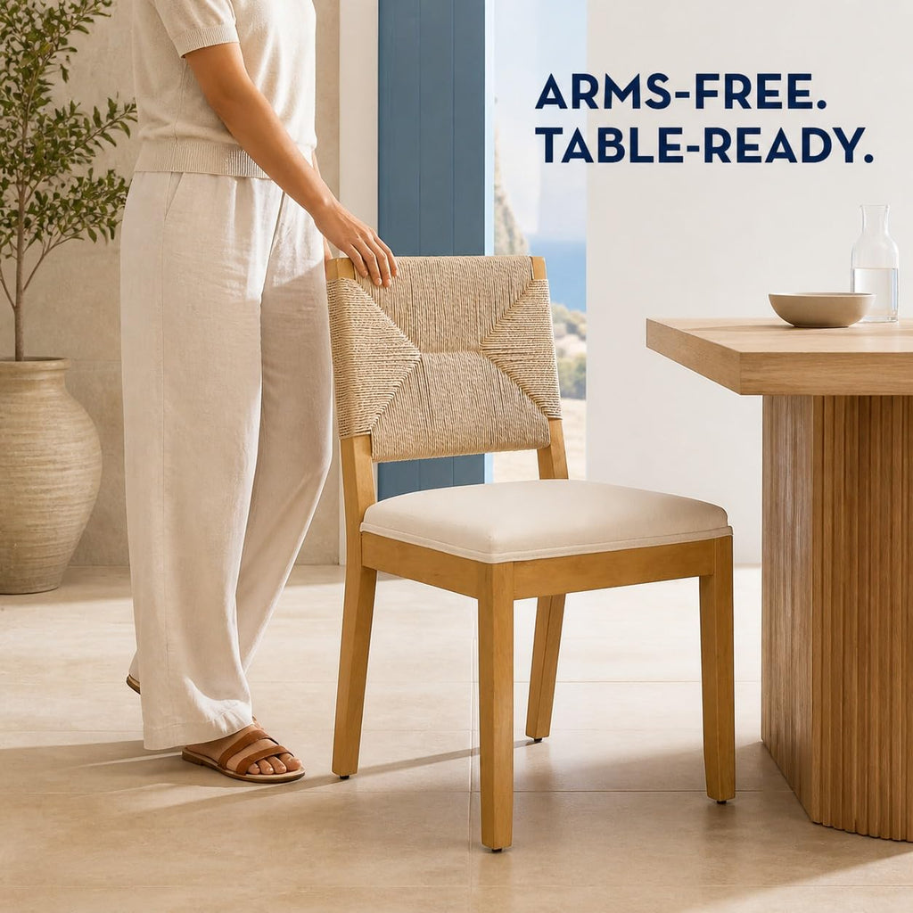 French Country Dining Chairs Set of 6, Farmhouse Kitchen & Dining Room Chairs, Beige Boho Wood Dinning Chair with