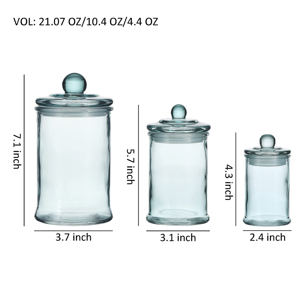 Glass Apothecary Jar | Bathroom Storage Organizer Canister (Set of 3, Blue)