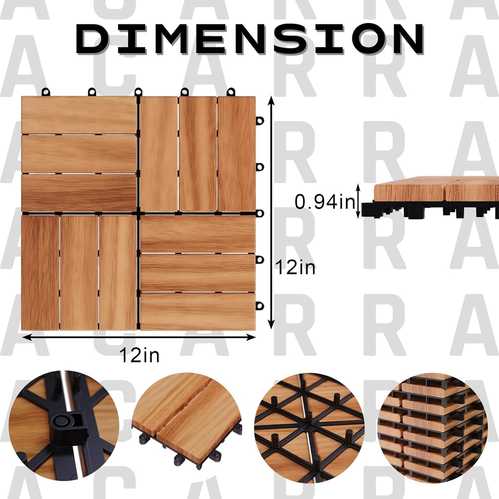 Acacia Wood Deck Tiles, 12" x 12" Interlocking Outdoor Flooring for Patio, Balcony, Backyard & Garden, Natural Wood