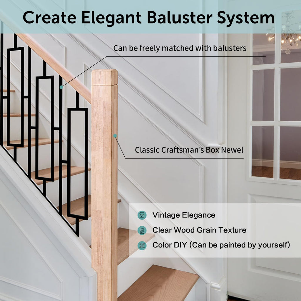 3.5" x 47" Rubber Wood Stair Newel Post with a Single Groove Notched Newel Wood Balusters for Staircase Indoor and