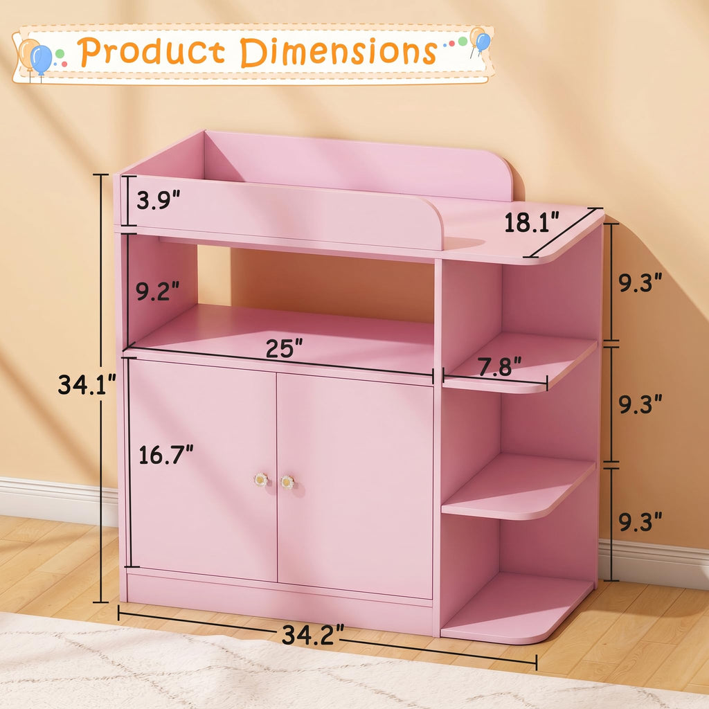 Changing Table Dresser with Large Cabinet, Wood, Pink
