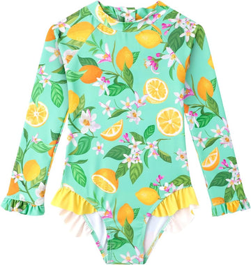Baby Toddler Girl Long Sleeve Ruffle Swimsuit One Piece Zipper Rash Guard Bathing Suit with UPF 50+ Sun Protection