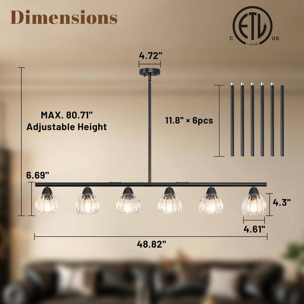 Black Linear Chandelier 6 Lights Island Lights with Clear Flower Shade