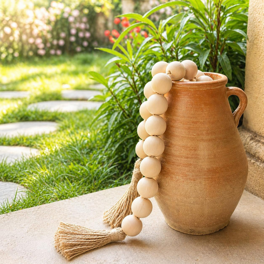 Extra Large Wood Bead Garland with 1.6" Diameter Wooden Beads and Tassels, 41" Long Rustic Farmhouse Country