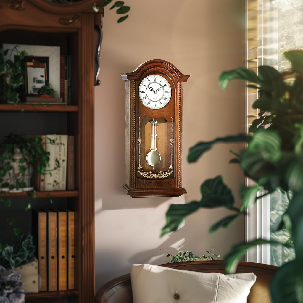 Grandfather Vintage Wall Clock with Pendulum and Chime, Hour/Quarter-Hour Chime, Elmwood Frame, Large Vintage Wall Clock for Living...
