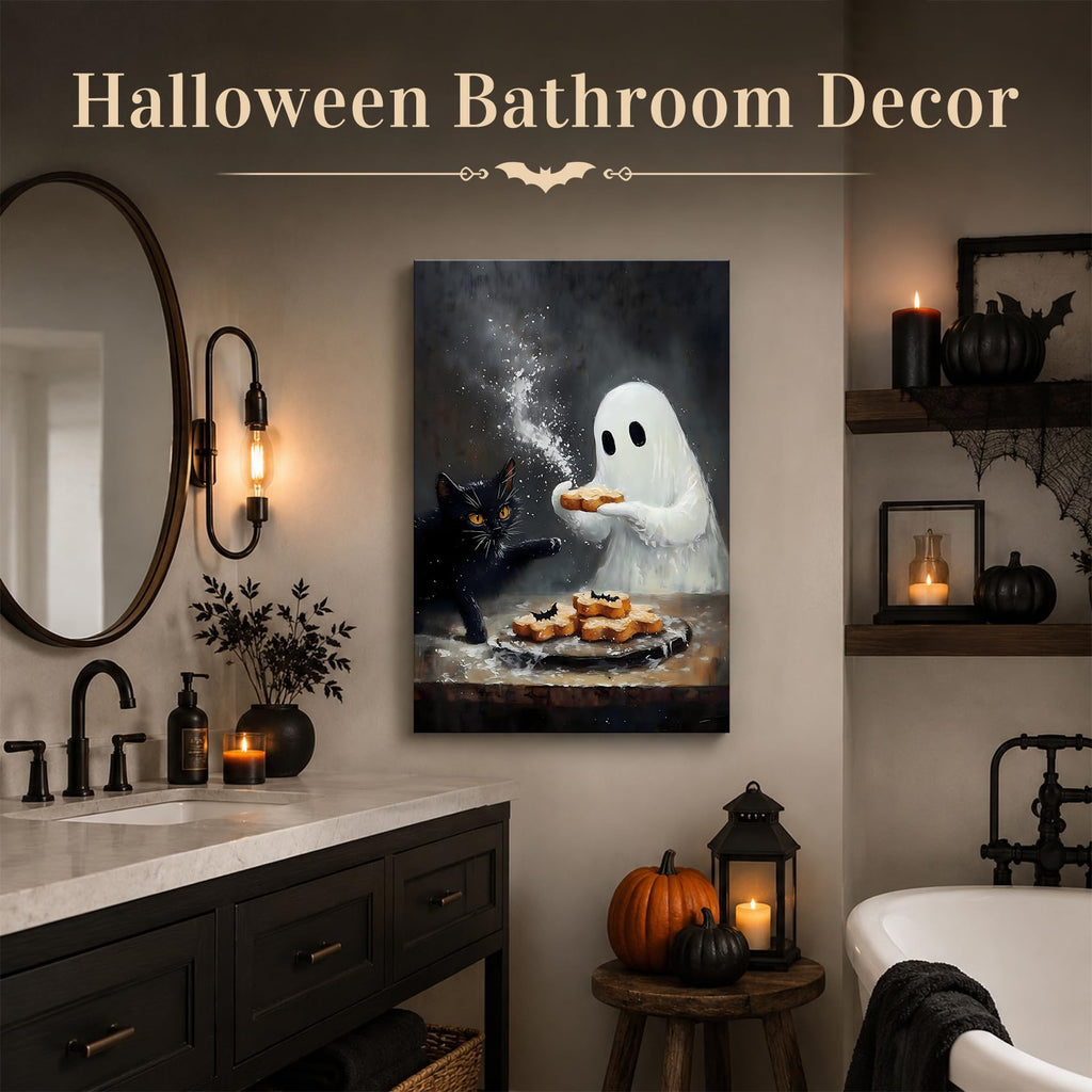 Framed Halloween Canvas Wall Art Adorable Ghost and Black Cat Baking Treats, Cozy Vintage Farmhouse Artwork, Canvas