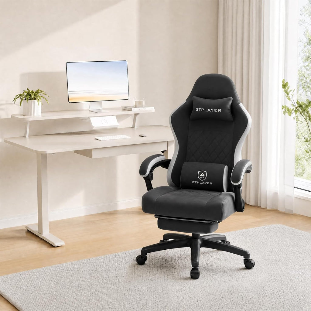 Gaming Chair, Computer Office Chair with Pocket Spring Cushion, Linkage Armrests and Footrest, High Back Ergonomic