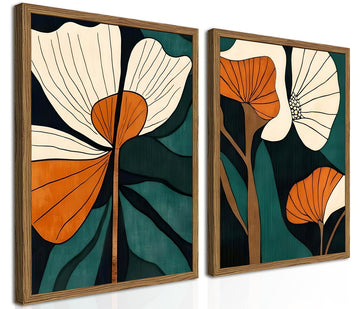 Mid Century Modern Flower Wall Art Vintage Abstract Botanical Wall Decor Painting Set of 2 Mid Century Boho Dark