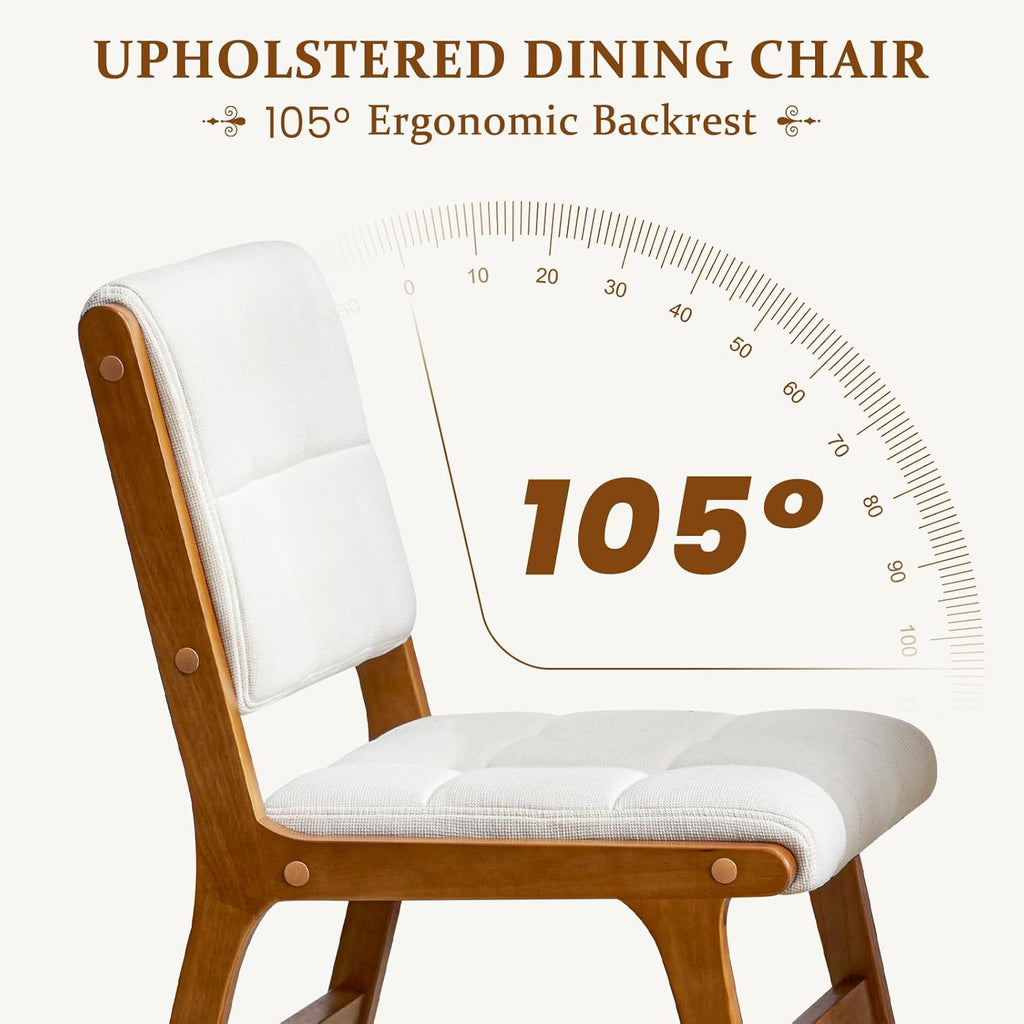 Furniliving Oak Wooden Dining Chairs Set of 2, Mid-Century Modern Linen Fabric Upholstered Kitchen Chair