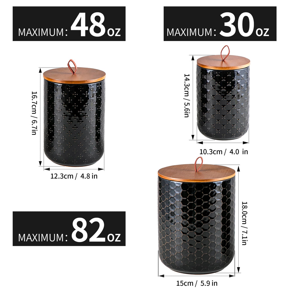 Black Embossed Ceramic Canister 3 Piece with Airtight Bamboo Lid