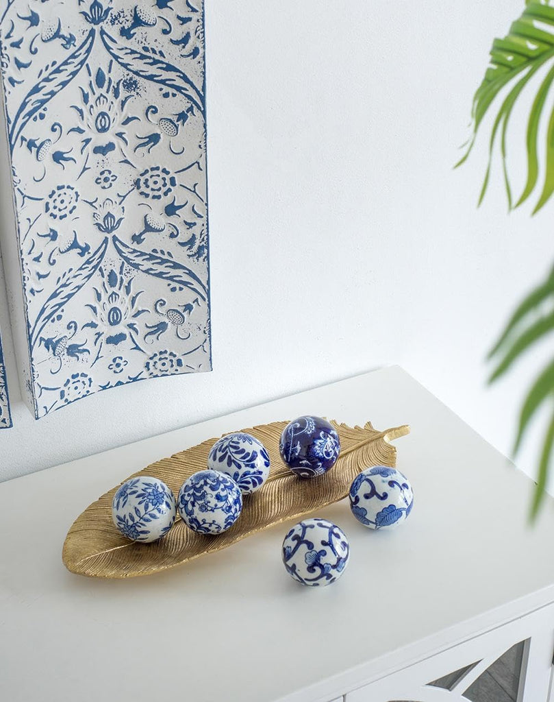 Set of 6 Porcelain Decorative Spheres - Handcrafted Traditional Blue and White Floral Orbs Decor, Tabletop Accent