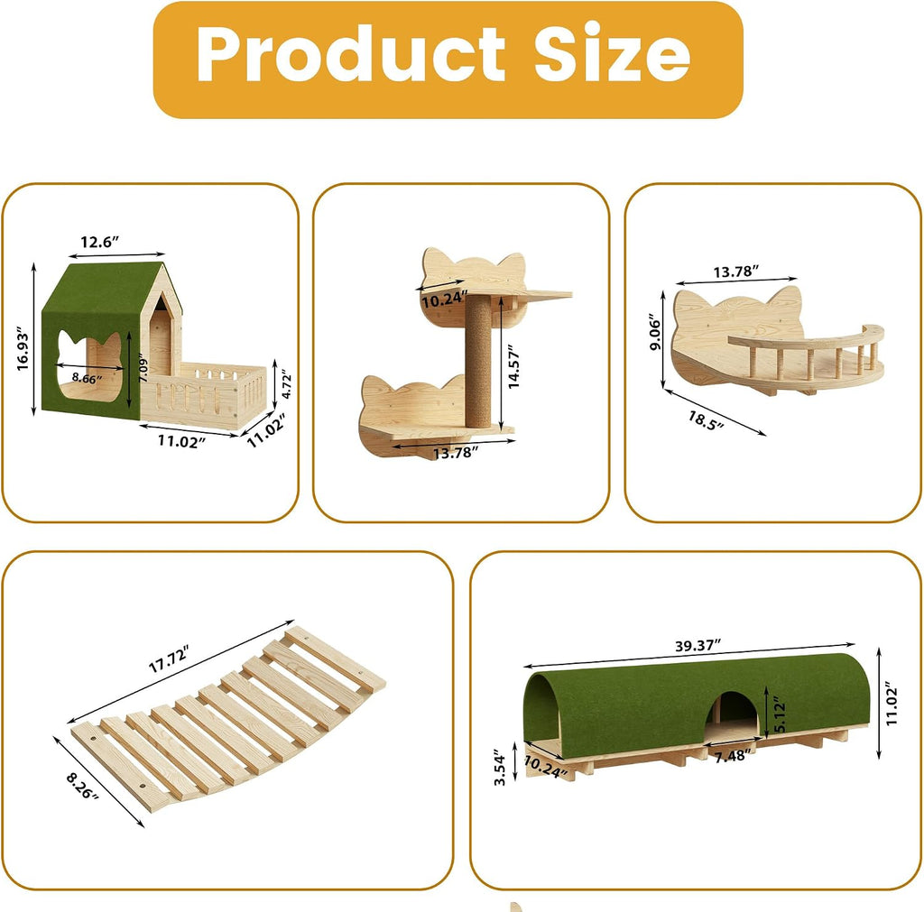 16-in-1 Cat Wall Shelves, Solid Pine Wood Cat Climbing System with Tunnel, Perch, Bridge, Condo and Sisal Scratching