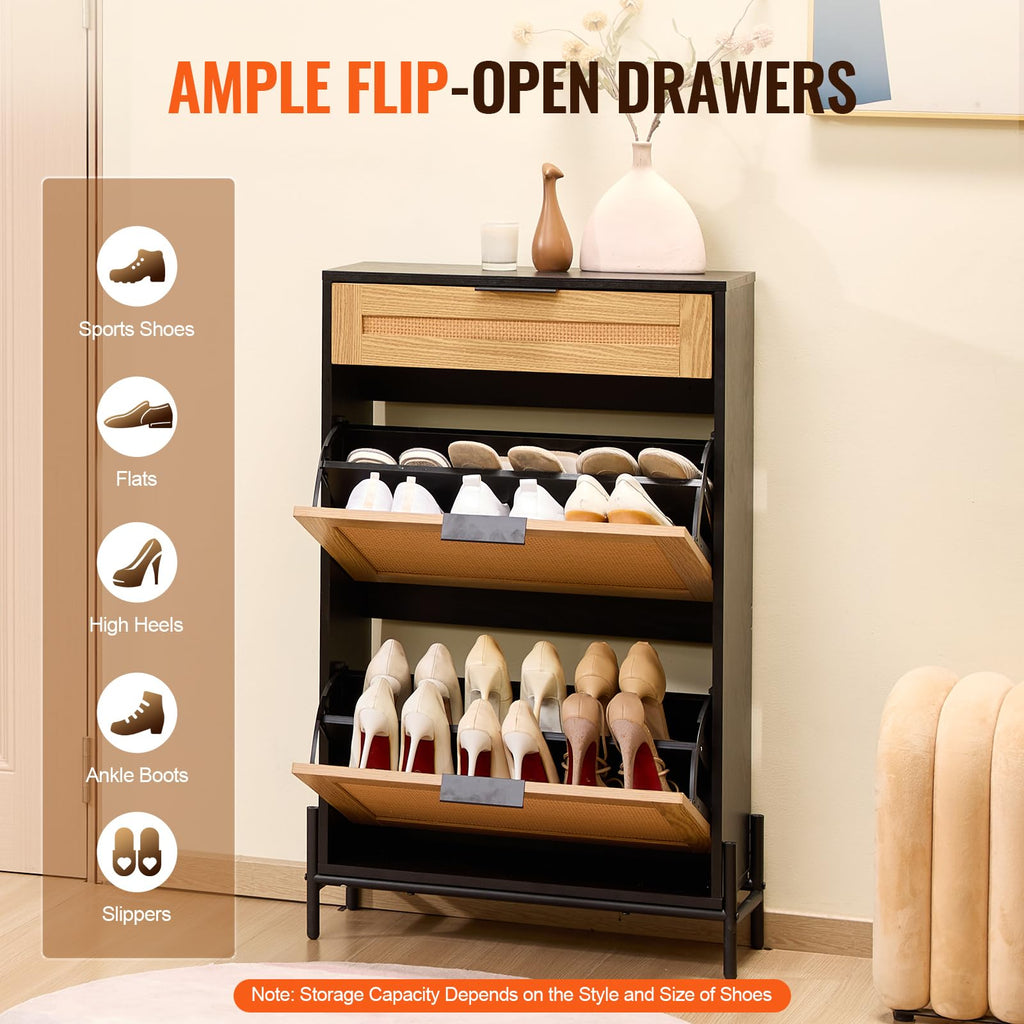 Rattan Shoe Cabinet, Narrow Shoe Storage Organizer with 2 Flip Rattan Drawers & 1 Slide Drawer, Metal Legs, Slim Shoe