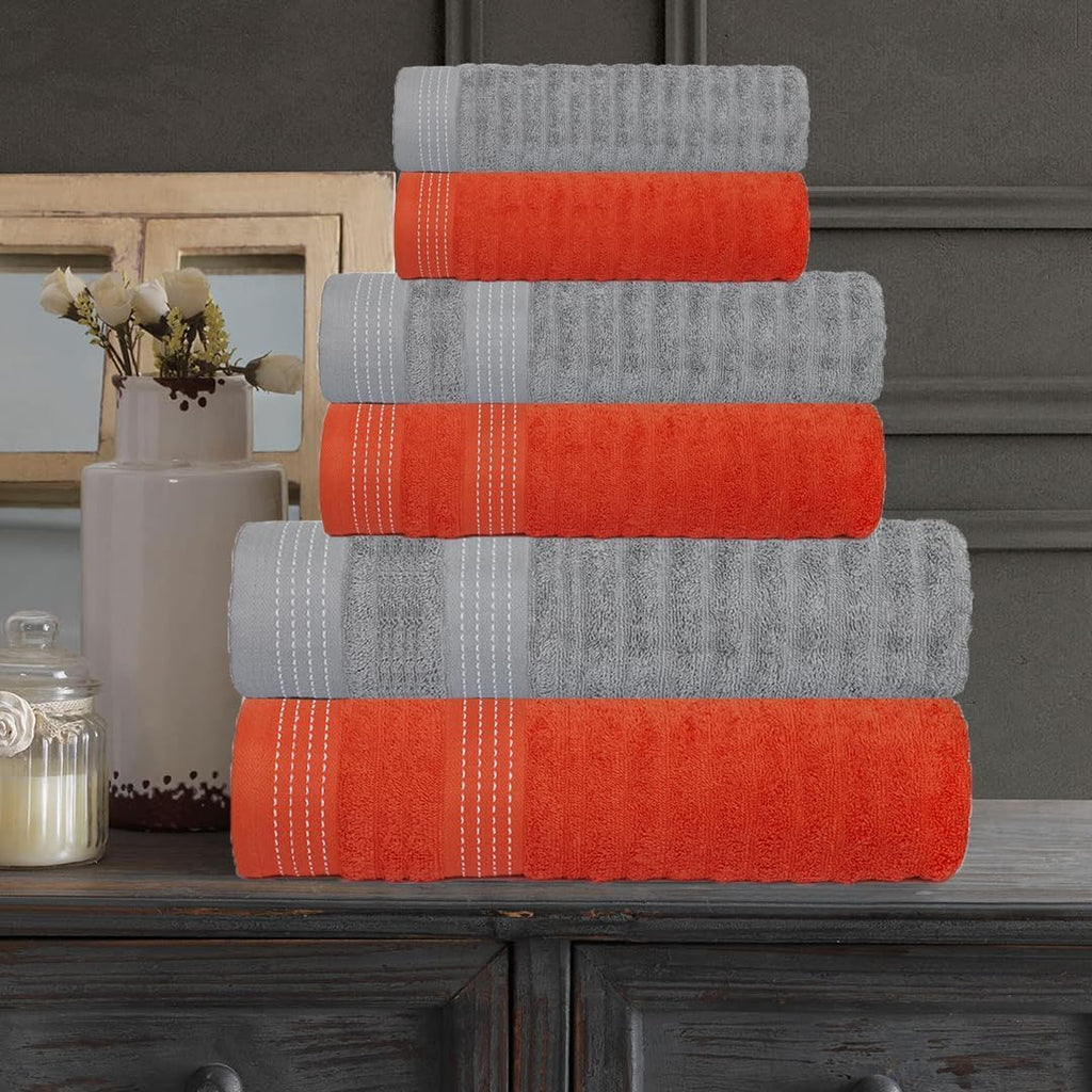 Elegance 6Pcs 100% Egyptian Cotton Large Designer Towels Gift Set- Grey Violet-Orange - 2Bath 2Hand