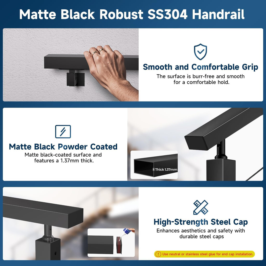 6'6" Stainless Steel T304 Handrail Black with Metal End Caps, 3 Pack Rectangular Cable Railing Handrail Flat Deck Top