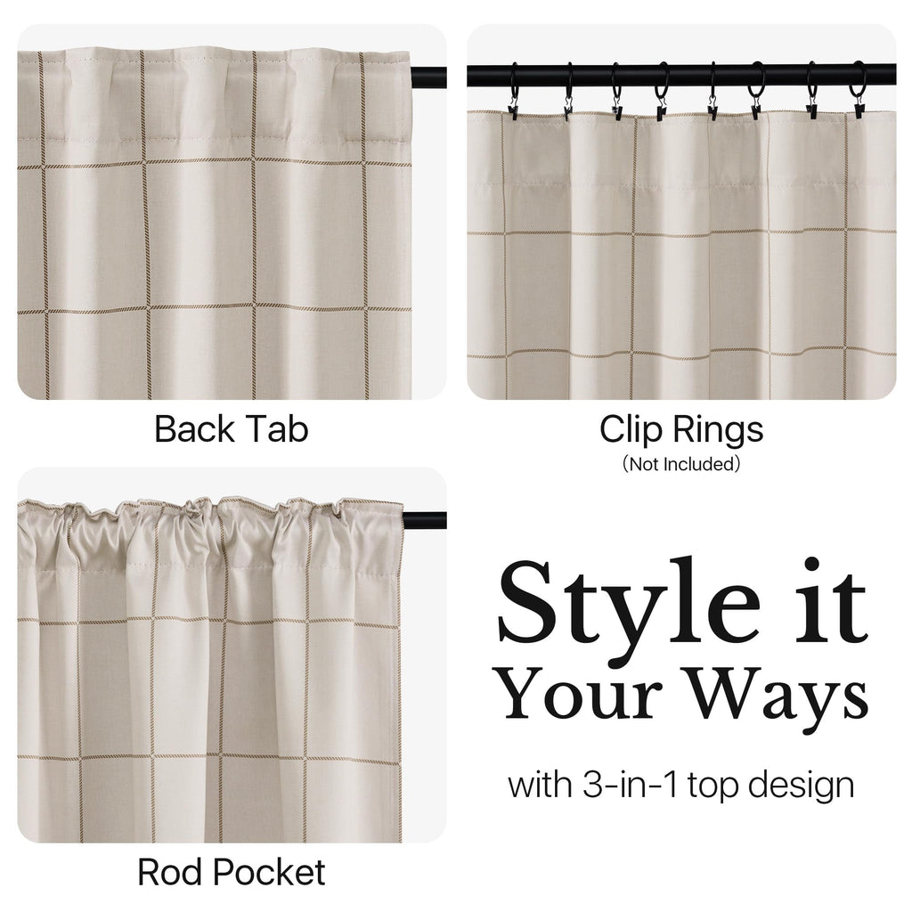 100% Blackout Taupe Plaid Kitchen Curtains, W52xL24, 2 Panels