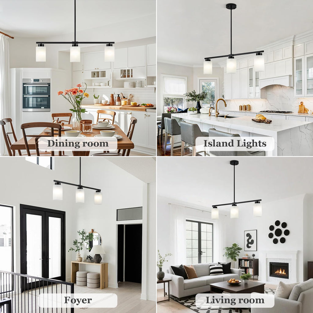31" Kitchen Island Lighting 3 Light Black Pendant Light Island with Milk Glass Shade Modern Linear Chandelier