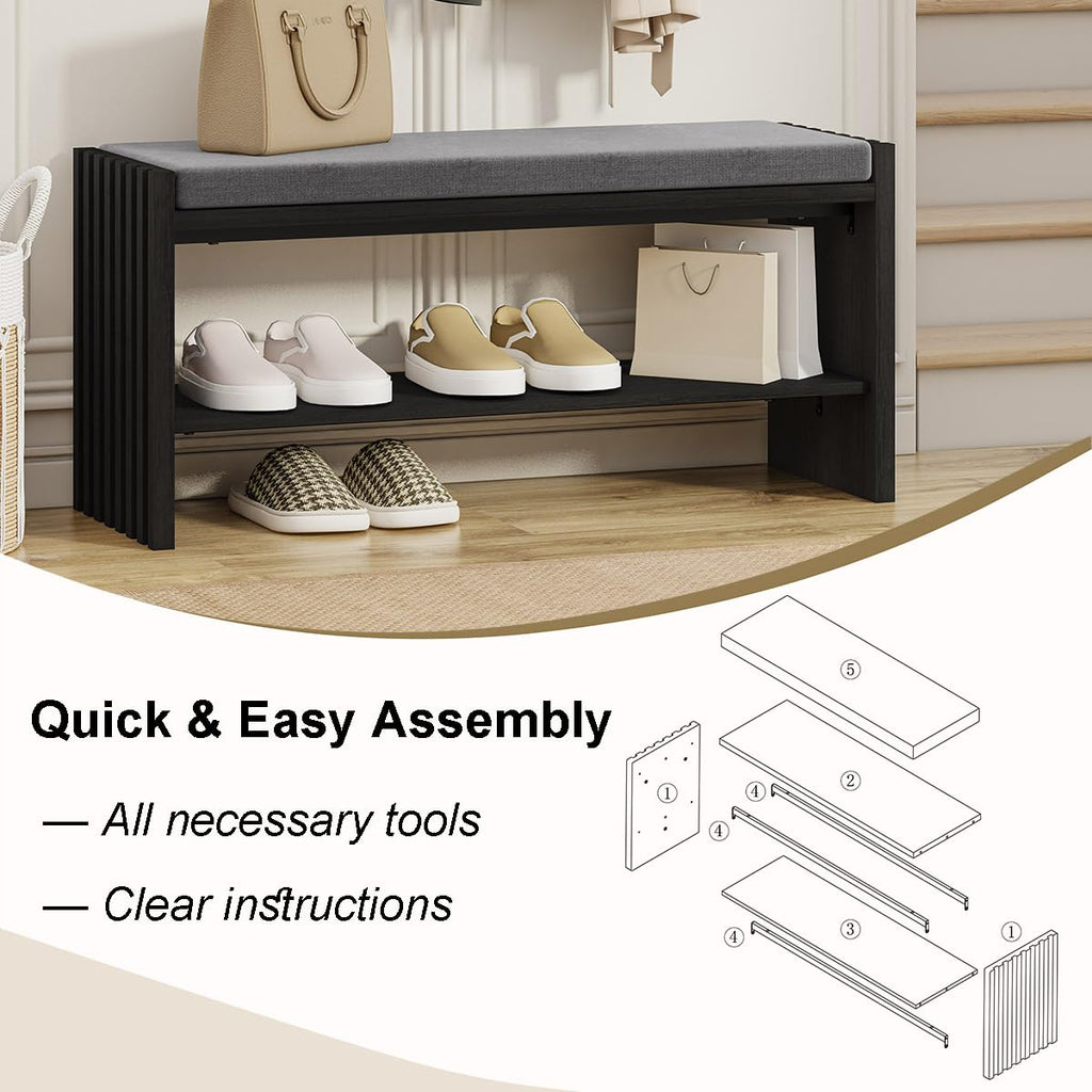 Entryway Shoe Bench with Storage & Cushion for Mudroom, Black