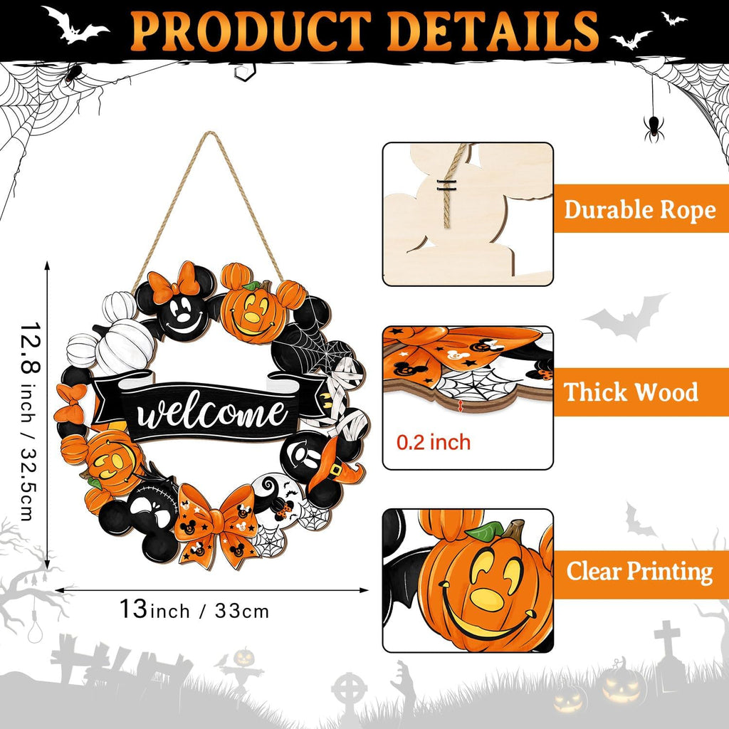 Halloween Mouse Wreath Door Decorations Welcome Hanging Sign, Happy Halloween Front Door Hanger Decor, Cute Wooden