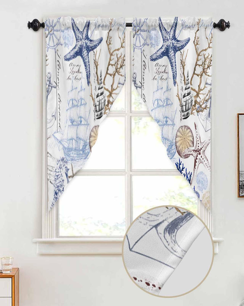 Coastal Nautical Swag Curtains Valance Windows, Ocean Blue Starfish Coral Shell Vintage Rod Pocket Curtain