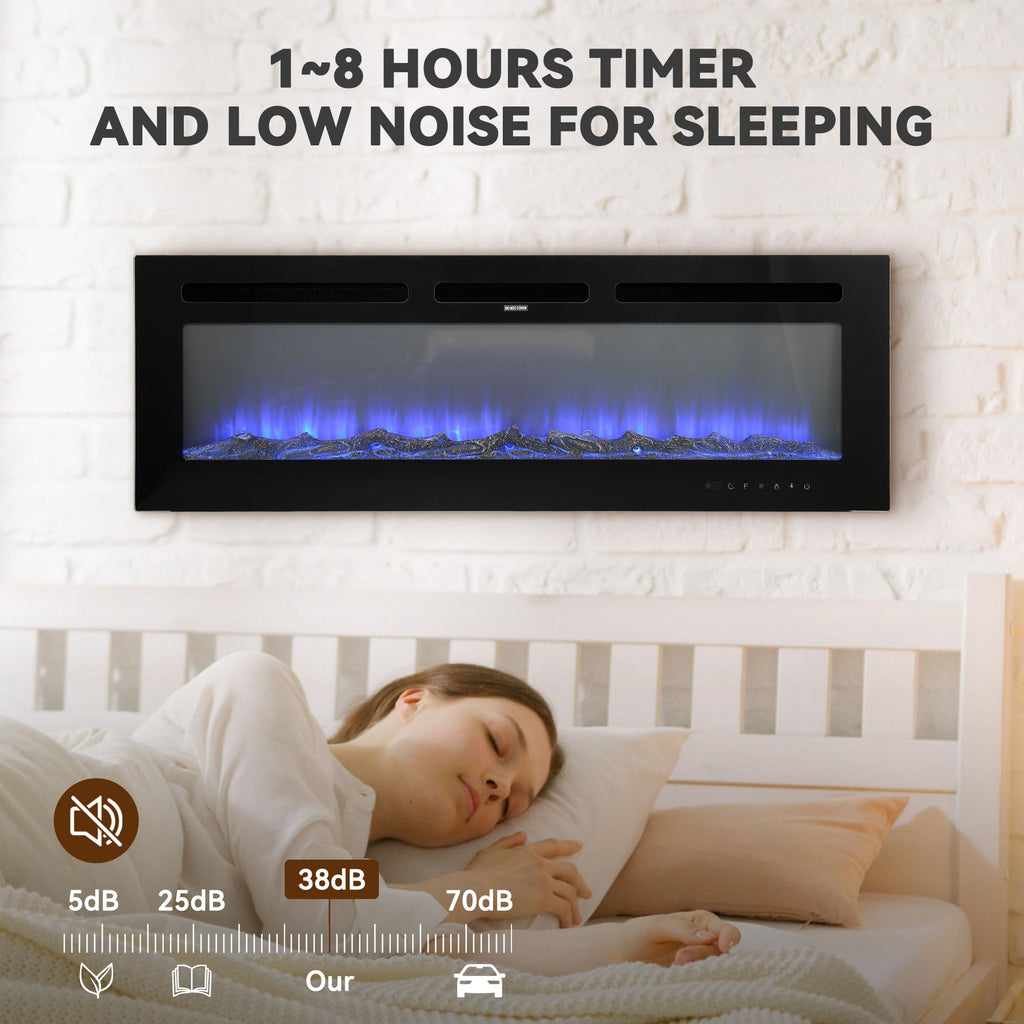 50 Inch Electric Fireplace Wall Mounted and Recessed LED Fireplace with Remote Control 8h Timer, 12 Flames, Touch