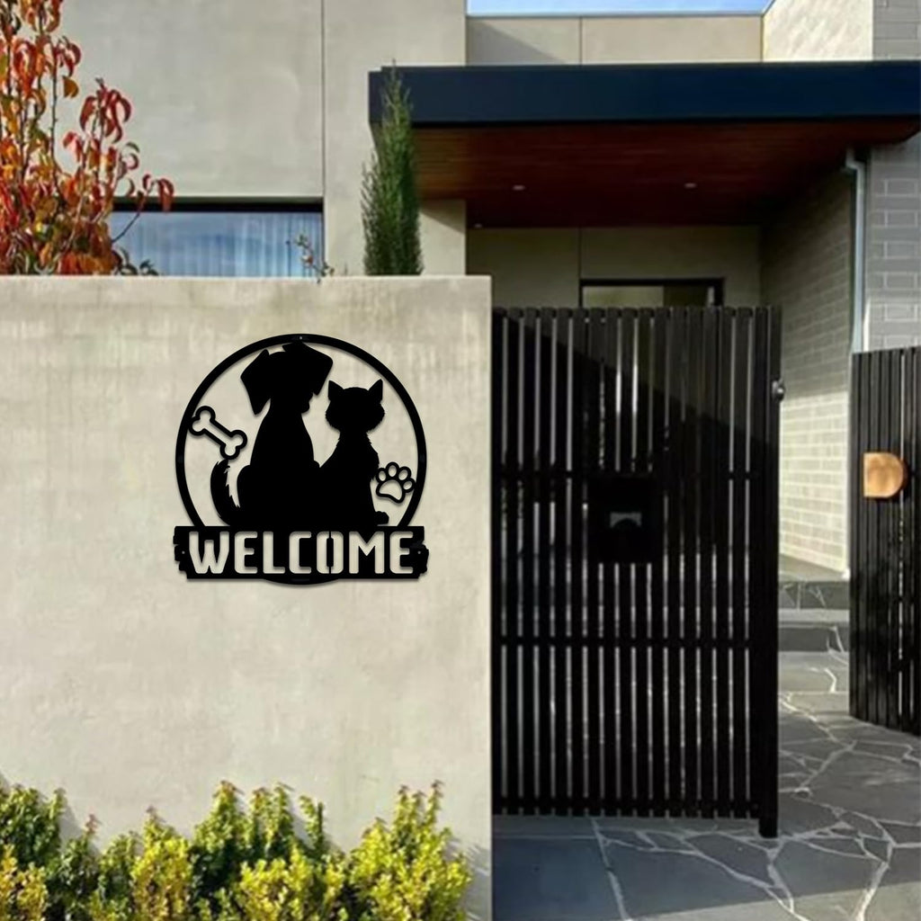 Cat and Dog Welcome Metal Sign for front door Pet Lover Metal Decoration Large 12 inch Thick metal Wall Hanging Decor
