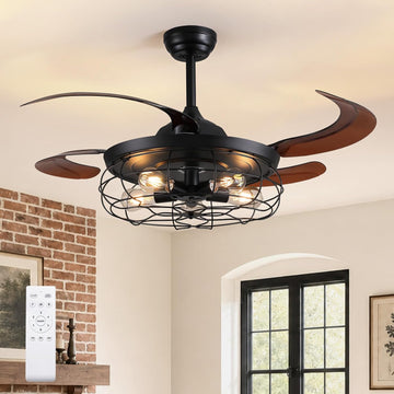 48" Rustic Ceiling Fan with Lights and Remote, Industrial Fandelier Ceiling Fan Black Retractable Invisible Ceiling
