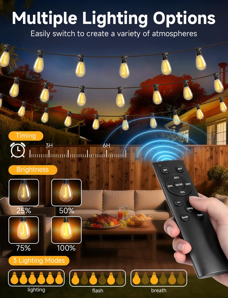 LED Outdoor String Lights with Remote Waterproof Patio Lights with Shatterproof S11 Bulbs, Dimmable Outside