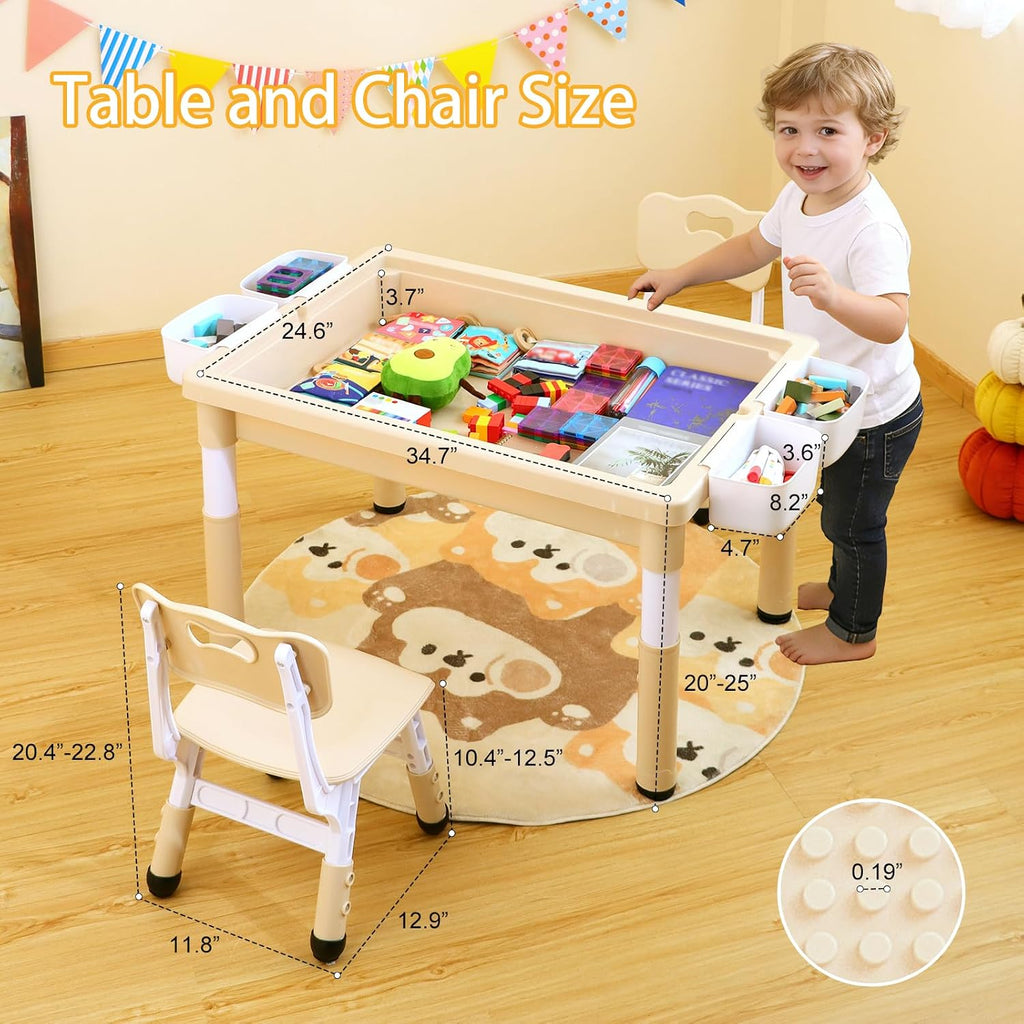 4 in 1 Kids Table and 2 Chairs Set, Large Storage Toddler Table and Chair Set with 4 Side Box, Graffiti/Building
