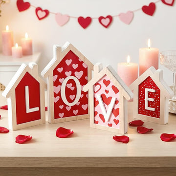 Valentines Day Decorations - 4 Pack 3D Design Wooden House Shape Sign, Valentines Day Table Decor, Valentine's Day - Set of 4