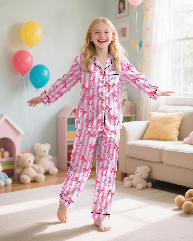 Girls Pajamas Satin Pajama Set Silky Bow Pjs Long Sleeve Button Down Sleepwear Loungewear Sets for Big Kids