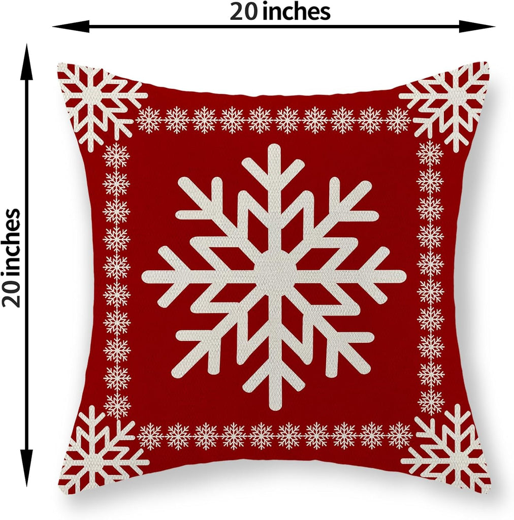Christmas Pillow Covers - 20x20 Winter Snowflake Pillowcases - Red Throw Pillows - Farmhouse Holiday Linen - Set of 2