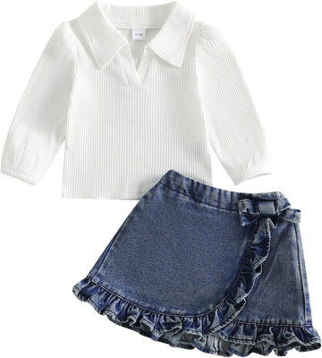 Toddler Baby Girl Fall Outfits Long Sleeve Lapel Collar Ribbed Shirt Tops Ruffle Jean Skirt Set Cute Clothes