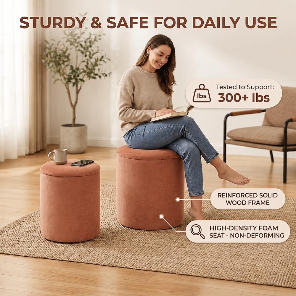 Round Storage Ottoman with Removable Lid, 2-Piece Upholstered Vanity Stool with Hidden Storage Space