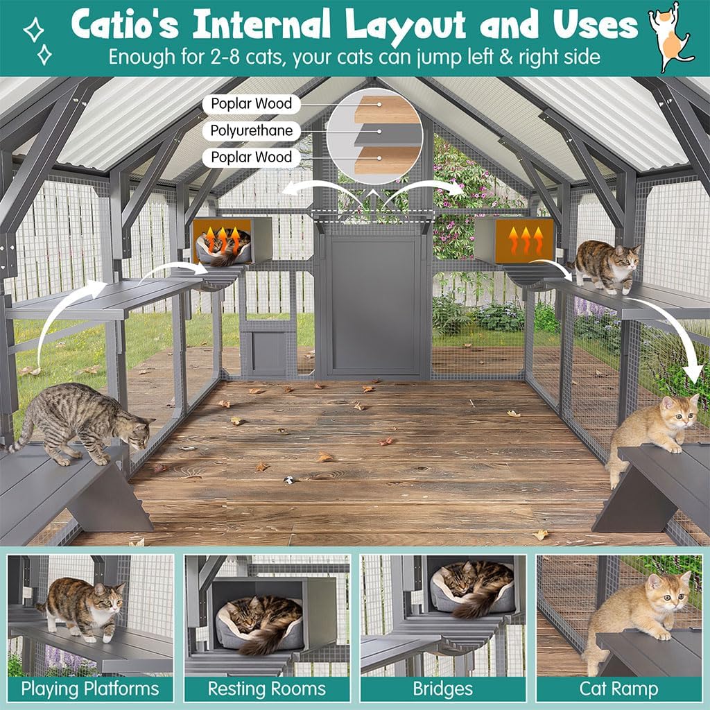 Extra Large Outdoor Catio Cat Enclosure 94.5" Walk-in Cat House with Platforms, Bridges & Ramps, Wooden Cat Run