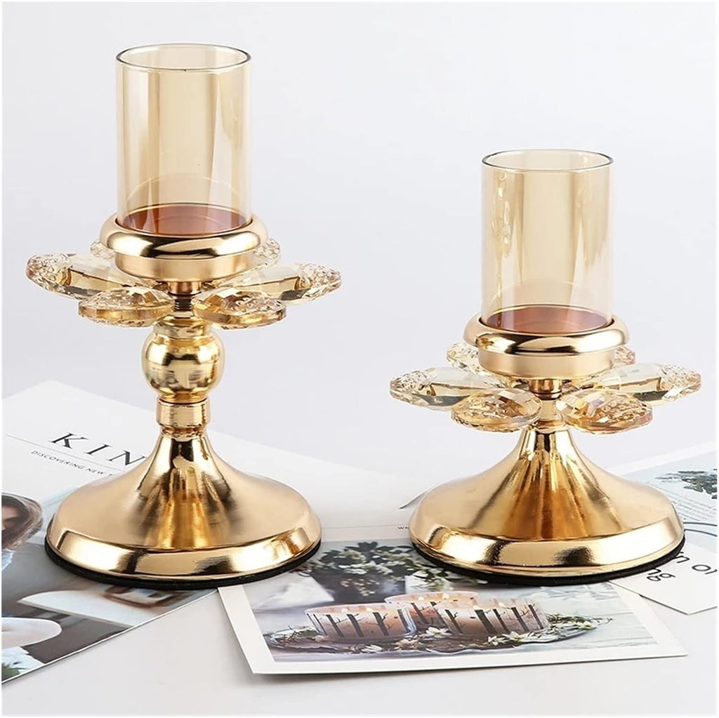 Crystal Candle Holder Luxury Gold Plated Candlestick Table Centerpiece Romantic Stand Home Decoration(One Set)