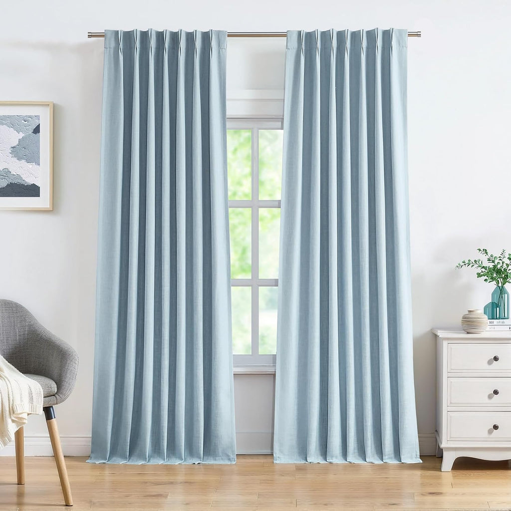 Dusty Blue Pinch Pleated Full Blackout Curtains Linen Texture Thermal Insulated Window Treatment Panel 84 Inch for Living Room Bedroom Noise Reducing Back Tab Drapes with Hooks, 2 Panel, 40"Wx84"L