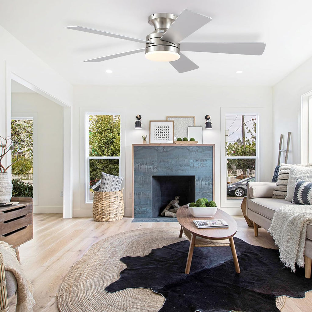 46IN Ceiling Fan with Lights and Remote/APP - Flush Mount Low Profile Ceiling Fan Light with 3CCT Dimmable, 6 Speeds Reversible, Modern Fan Light Fixture for Indoor, Covered Patios, Nickel A101-B0DKDY84QF