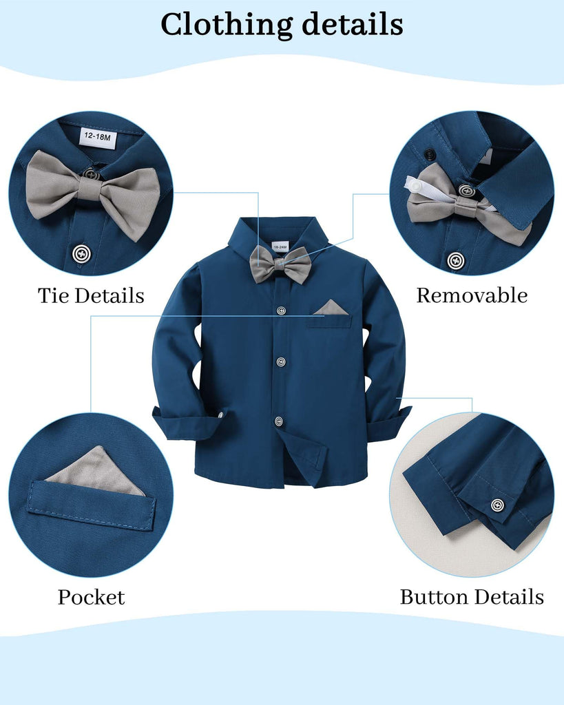 Boys Church Outfit Long Sleeve Dark Blue Grey Dress Shirt Bow Tie Suspender Pants Toddler Formal Outfit Boy