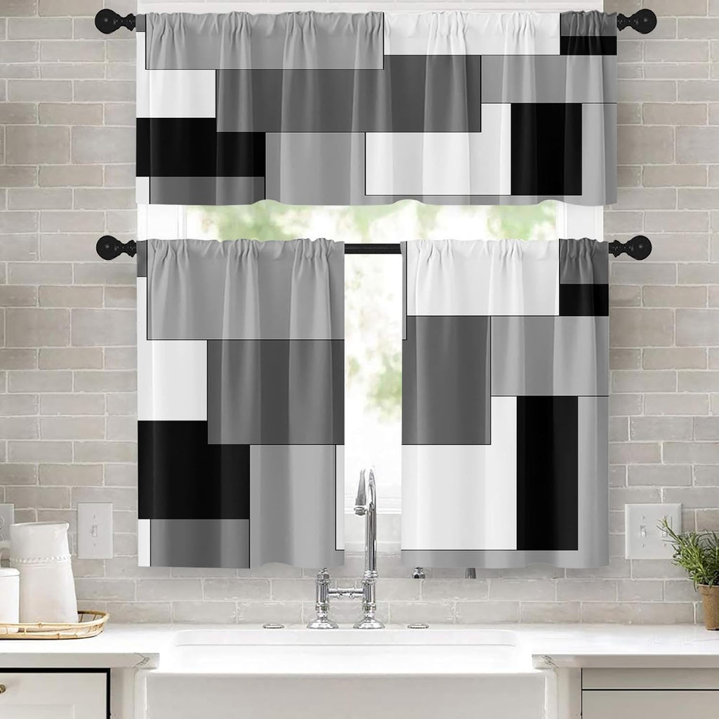 Black White Gray Kitchen Window Curtains Valance and Tier Set 36 Inch, Dark Grey Modern Geometric Rod Pocket Short